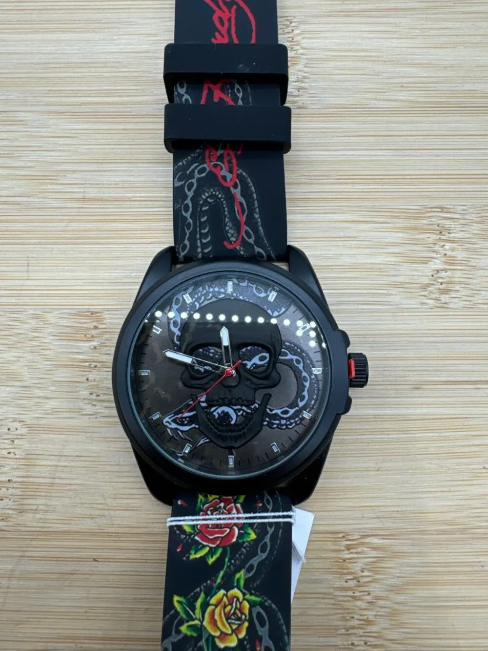 Ed Hardy Men's Skull Snake Watch Black Silicone Strap Analog Quartz